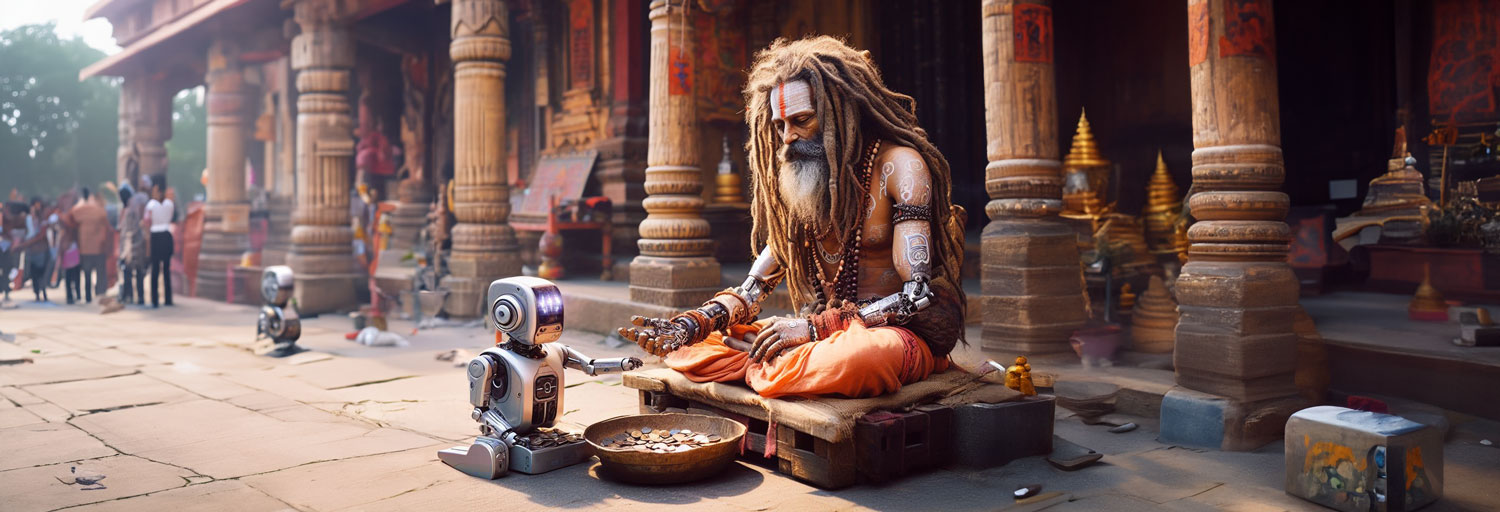 The AI Baba is sat outside an Indian temple, counting out some coins, accompanied by his robot assistant