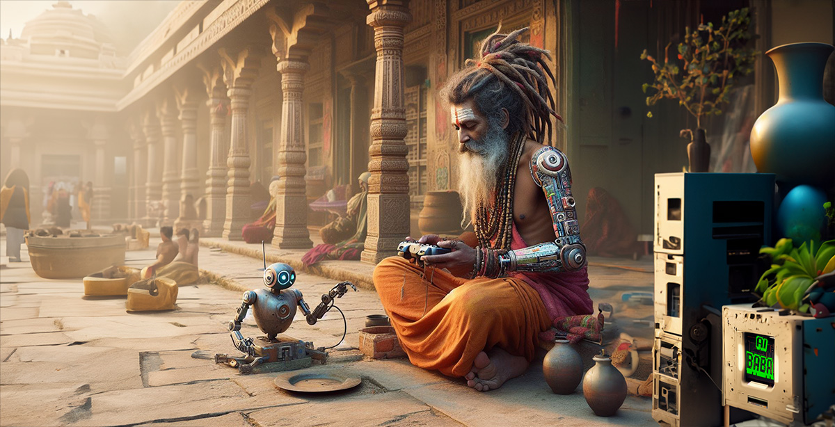 The AI Baba is playing with a video console against his robot companion while sat outside the Indian temple. An ancient dusty computer sits beside him.