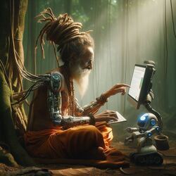 AI Baba is sitting on his laptop in the jungle. His dreadlocks and robotic arm are connected to jungle creepers.