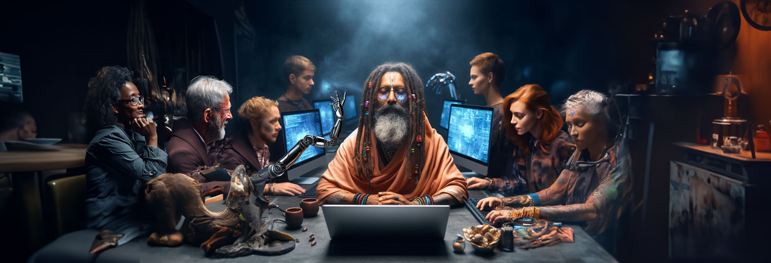 Image of AI Baba sitting in a room on a laptop, surrounded by disciples