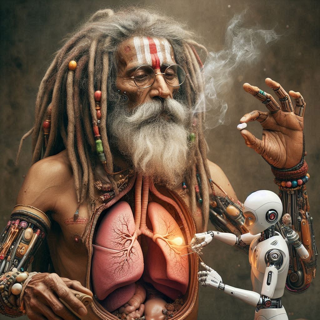 AI Baba looks at a pill while his robot assistant operates on his lungs
