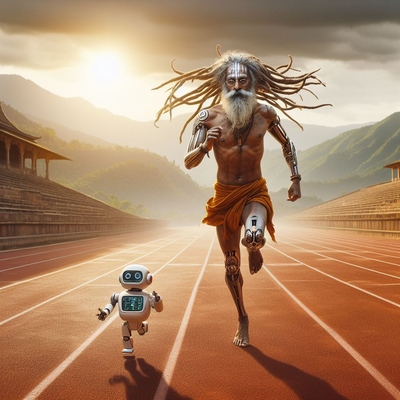 AI Baba runs alongside robot on athletics track