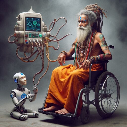 AI Baba in a wheelchair, alongside his robot, using a futuristic AAC device